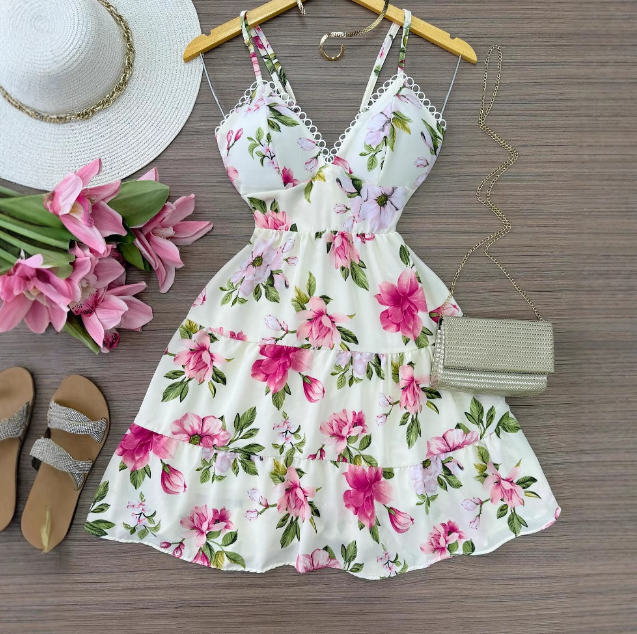 Flower Print Sleeveless Splicing V-Neck Dress