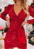 Red Sequin V-Neck Long Sleeve Dress