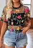 Fashion Printed Lace Splicing Casual Short Sleeved Flower T-Shirt