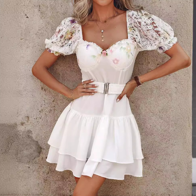 White Short Sleeve Lace Splicing Dress