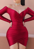 V-Neck Red Solid Color Long Sleeve Wrap Up Dress