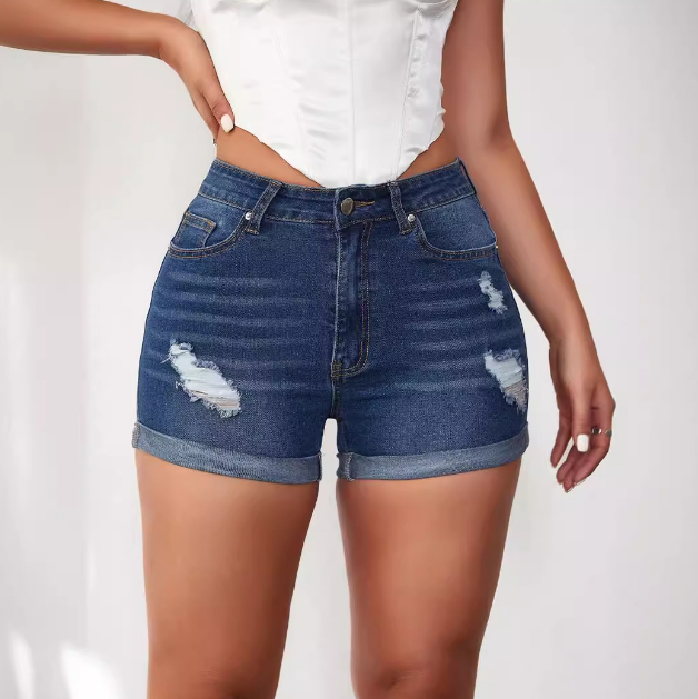 High Waisted Elastic Denim Shorts