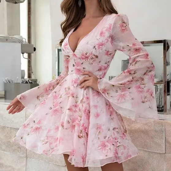 Long Sleeve Flower Deep V-Neck Dress