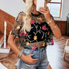 Fashion Printed Lace Splicing Casual Short Sleeved Flower T-Shirt