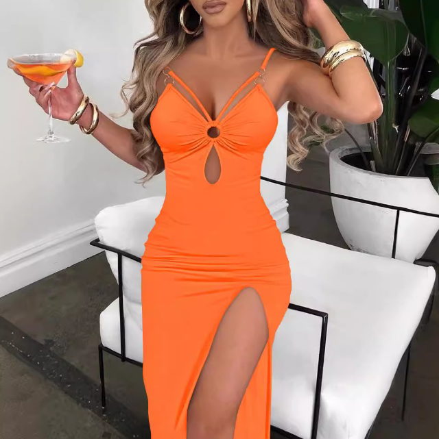Solid Color Sling Tight Slit Sleeveless Dress