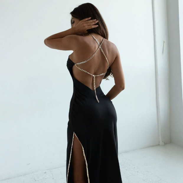 Sexy Black Chain Strap Sleeveless Dress