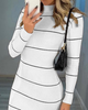 Women'S Fashion White Striped Long Sleeved Slit Casual Dress