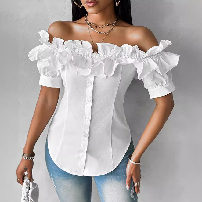 One Shoulder Lotus Leaf Edge Short Sleeved Shirt