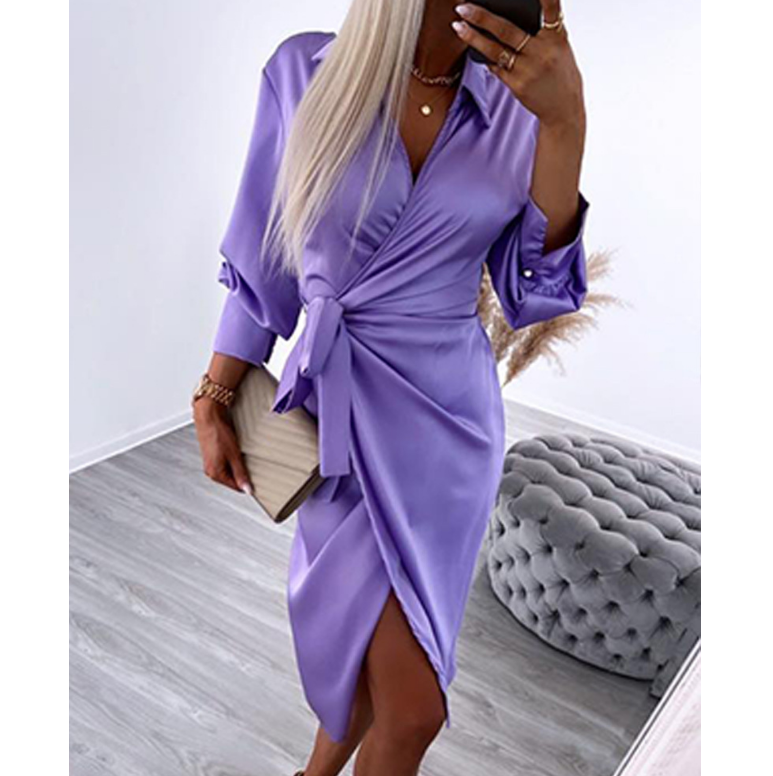 Solid Color Printed Long Sleeve Dress