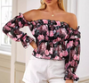 Long Sleeved Floral Print Off Shoulder Ruffle Edge Shirt