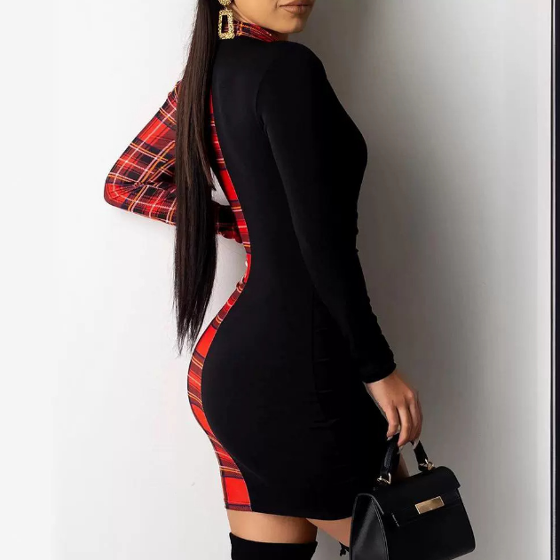 V-Neck Long Sleeved Women'S Plaid Patchwork Dress