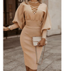 Solid Color V-Neck High Waist Long Sleeve Dress