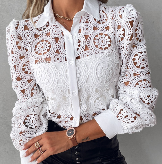 Solid Color White Lace Long Sleeve Shirt Top