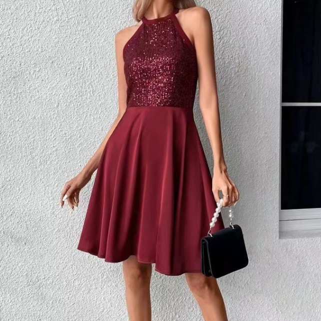 Slim Fashion Solid Color Sequin Splicing Sleeveless Dress