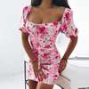 Women'S Floral Bubble Sleeved Tight Fitting Dress