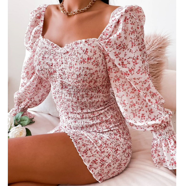 Slim Fitting Floral Bubble Sleeves Long Sleeve Dress