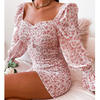 Slim Fitting Floral Bubble Sleeves Long Sleeve Dress