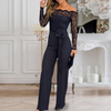 Women'S Black Lace One Shoulder Long Sleeved Tight Jumpsuit