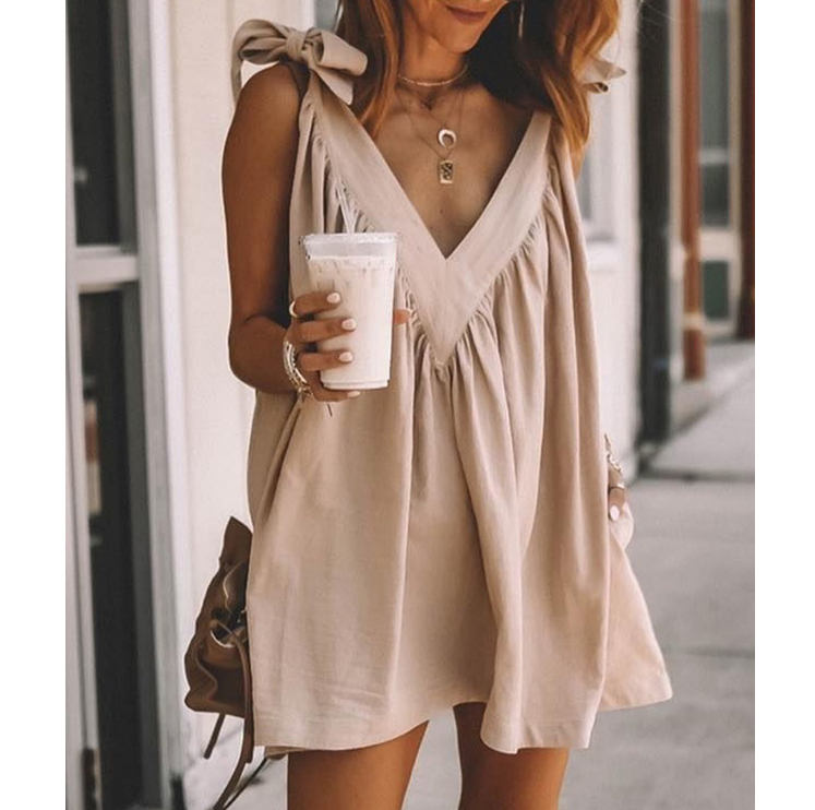 Solid Color V-Neck Casual Sleeveless Dress