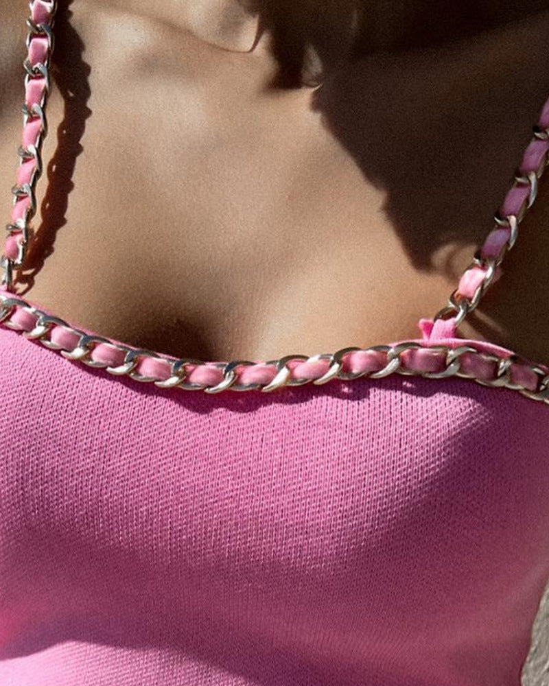 Elegant Chain Strap Sleeveless Pink Top