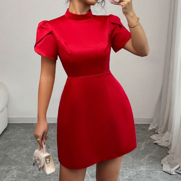 Women'S Temperament Bow Short Sleeved High Waisted Dress