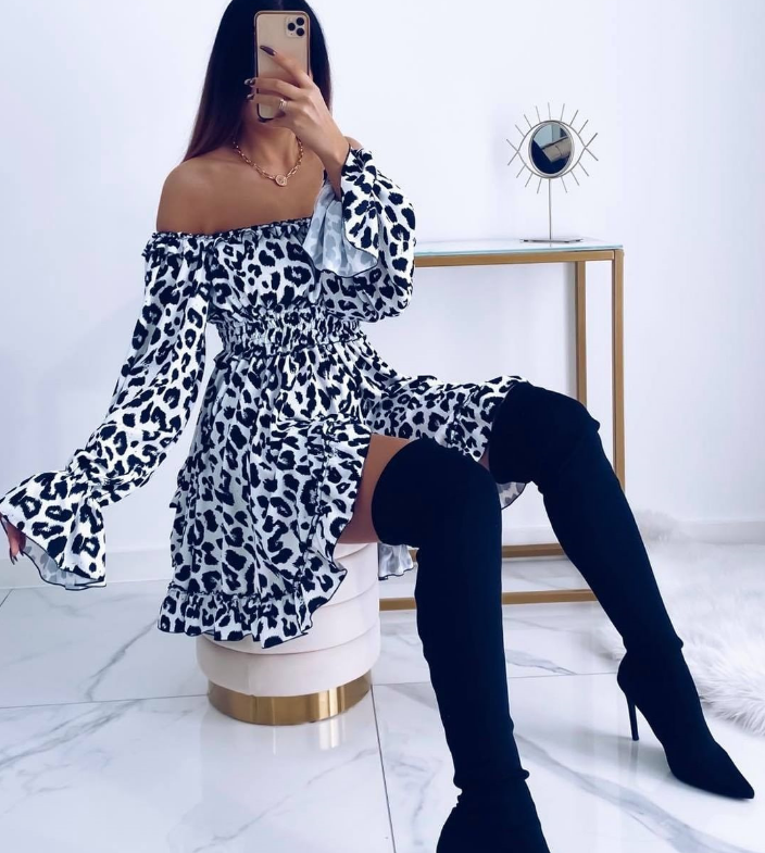 One Shoulder Leopard Print Long Sleeve Dress