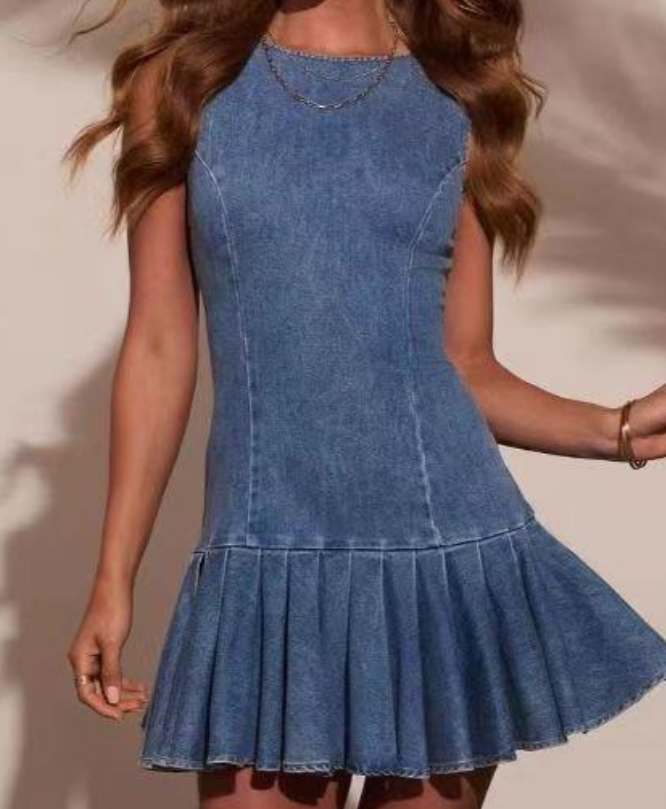 Retro Style Blue Round Neck Sleeveless Denim Vest Dress