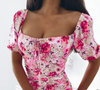 Women'S Floral Bubble Sleeved Tight Fitting Dress