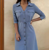 Blue Women'S Long Sleeve Pocket Casual Dress