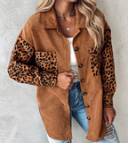 Solid Color Temperament Leopard Print Contrasting Long Sleeved Jacket