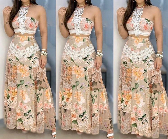 Women'S Printed Lace Patchwork Two Piece Set