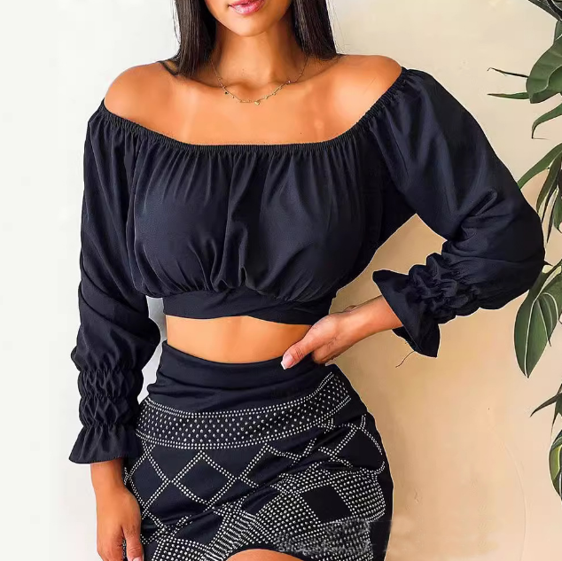Solid Color Hot Diamond Long Sleeved Two Piece Set