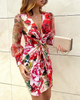 Women'S Printed Mesh Splicing Long Sleeve Dress