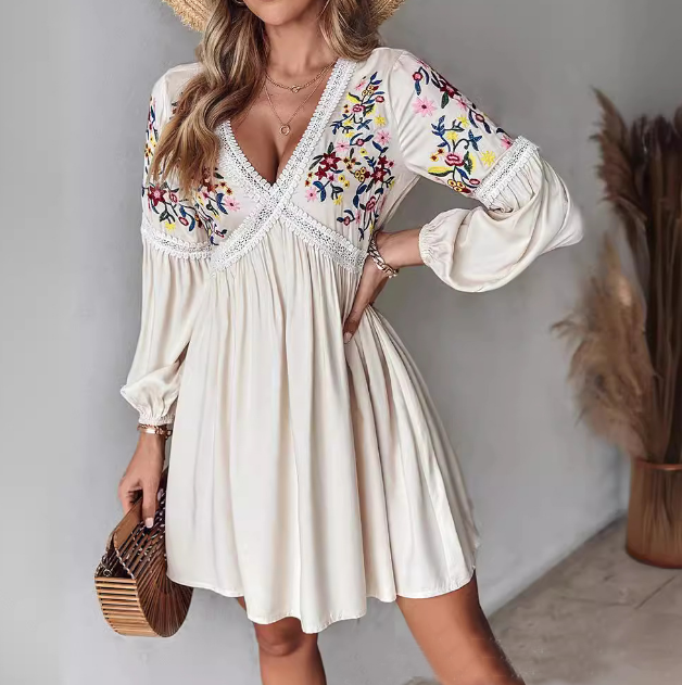 Long Sleeve Embroidered V-neck Casual Dress