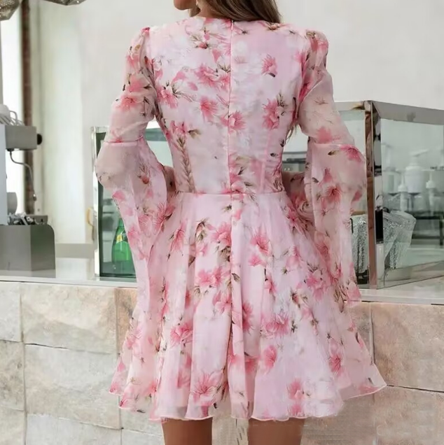 Long Sleeve Flower Deep V-Neck Dress