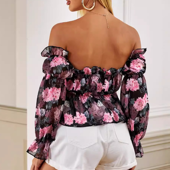 Long Sleeved Floral Print Off Shoulder Ruffle Edge Shirt