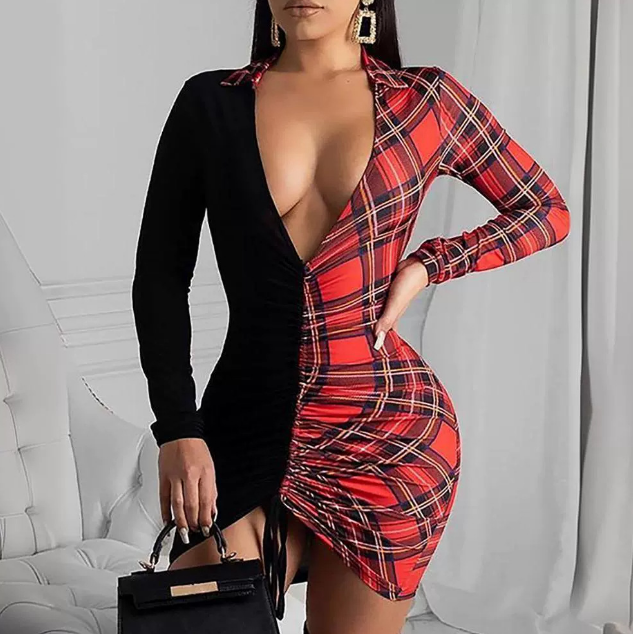 V-Neck Long Sleeved Women'S Plaid Patchwork Dress