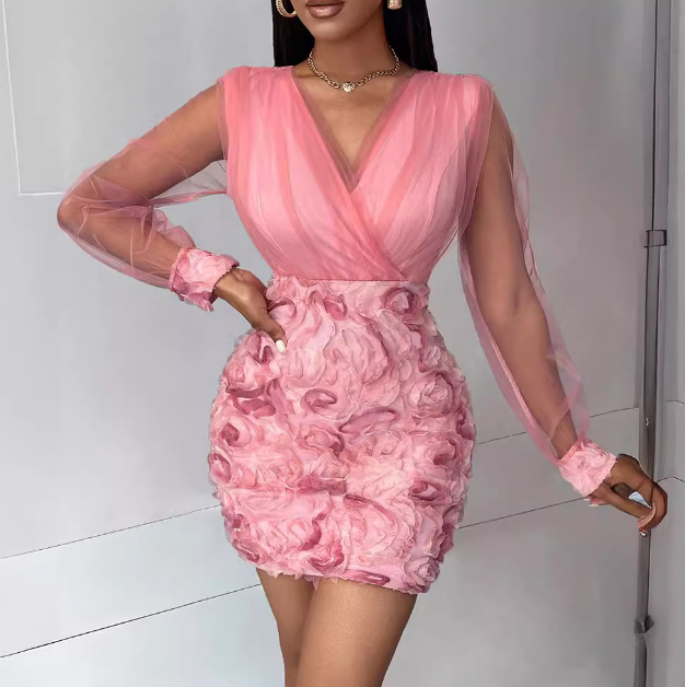 Elegant V-Neck Pink Mesh Splicing Dress