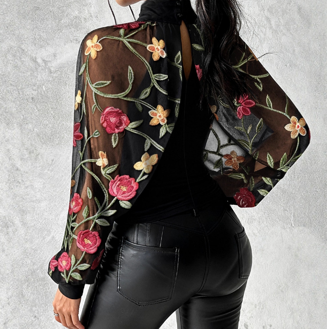 Floral Embroidery Mesh Splicing Long Sleeved Top