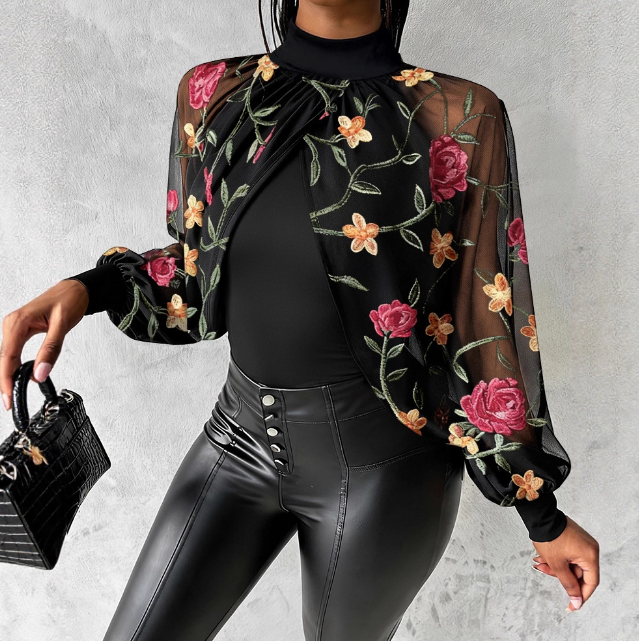 Floral Embroidery Mesh Splicing Long Sleeved Top