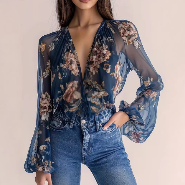 Fashion Long Sleeves Flower Printed Shirt Top