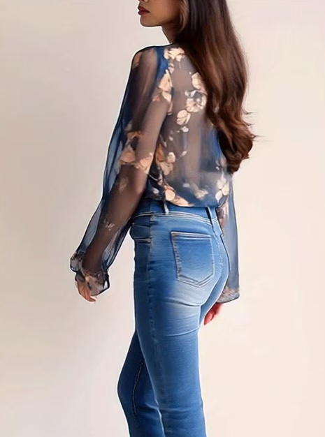Fashion Long Sleeves Flower Printed Shirt Top