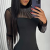 Black Mesh Jacquard Rhinestone Long Sleeved Hip Dress