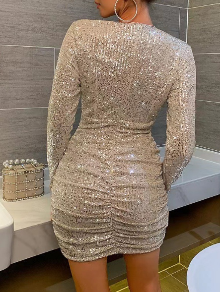 Elegant Temperament Long Sleeved V-Neck Sexy Solid Color Dress