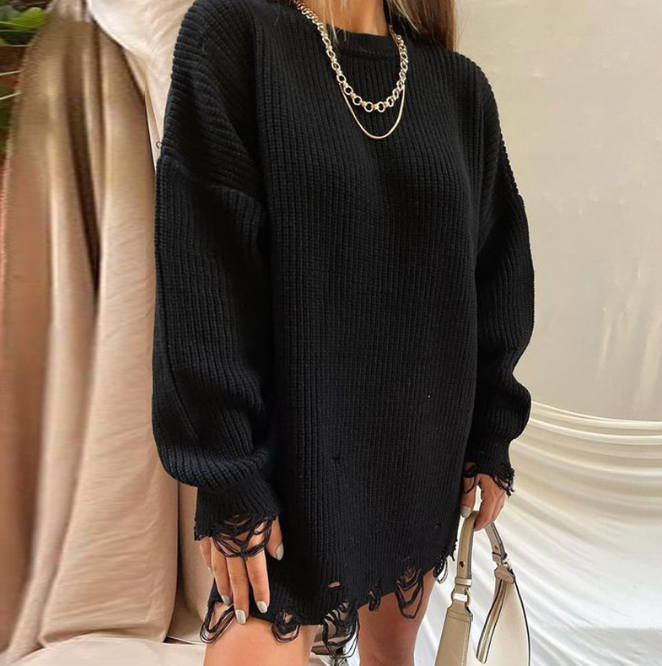 Loose Solid Color Perforated Long Sleeved Knitted Sweater