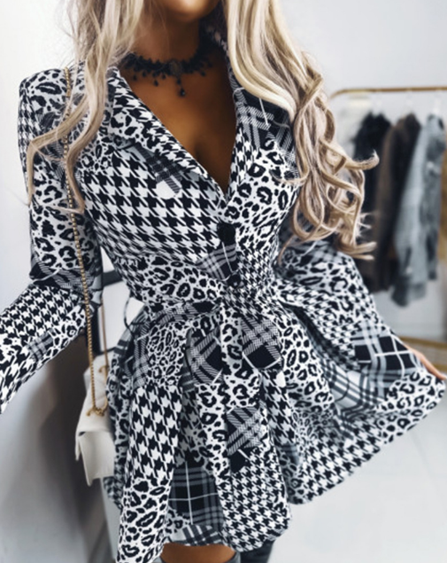 Black Leopard Print Plaid Printed Long Sleeved Dress