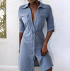 Blue Women'S Long Sleeve Pocket Casual Dress