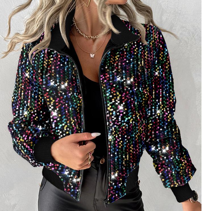 Fashion Cardigan Colored Sequin Long Sleeved Jacket
