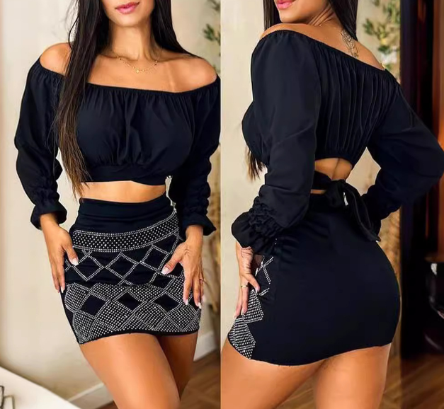 Solid Color Hot Diamond Long Sleeved Two Piece Set