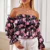 Long Sleeved Floral Print Off Shoulder Ruffle Edge Shirt